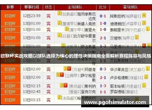欧联杯实战攻略以球队选择为核心的理性决策指南全面解析赛程阵容与风格