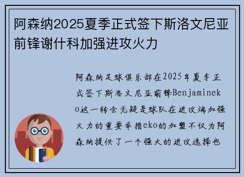 阿森纳2025夏季正式签下斯洛文尼亚前锋谢什科加强进攻火力