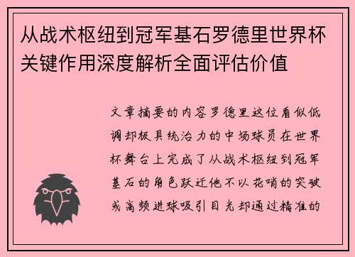 从战术枢纽到冠军基石罗德里世界杯关键作用深度解析全面评估价值